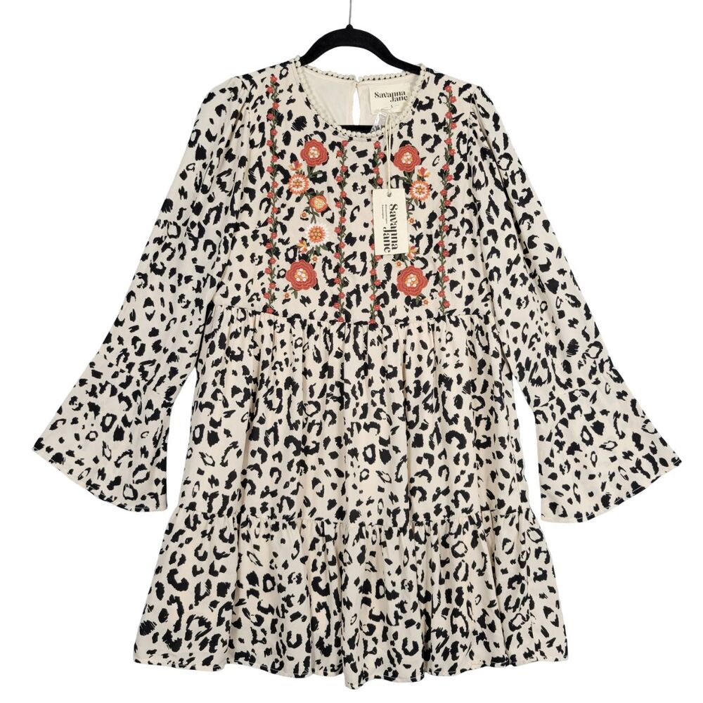 SAVANNA JANE 94260 Leopard Print Floral Embroidered Tiered Mini Dress SIZE SMALL